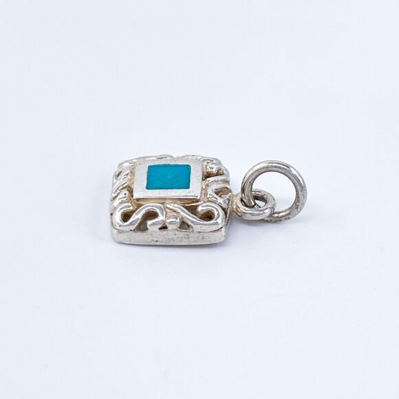 Vintage Sterling Silver 925 Turquoise Square Filigree Pendant - Picture 3 of 6
